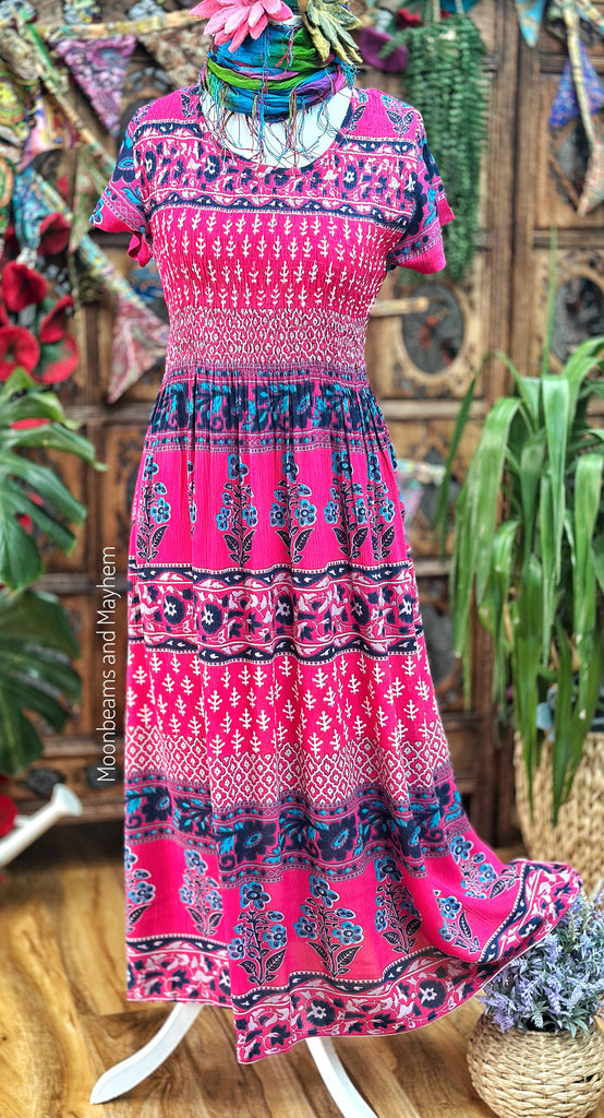 INDIGO SHIRRED MAXI DRESS