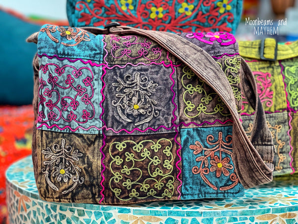 URBAN MAUVE FOLK ART SATCHEL /SHOULDER BAG - MoonbeamsandMayhem