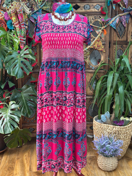 INDIGO SHIRRED MAXI DRESS