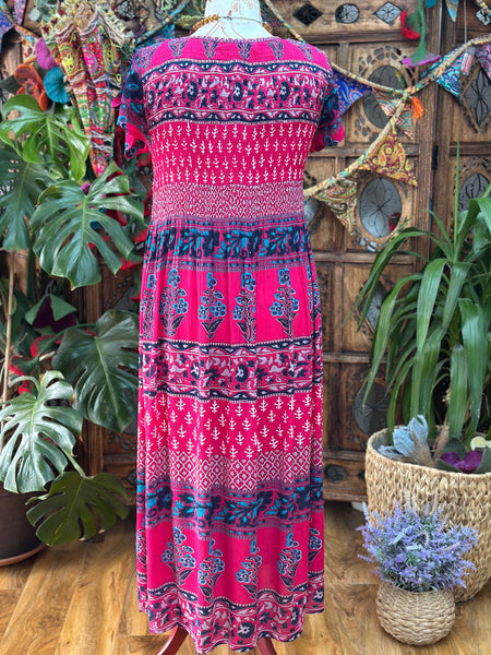 INDIGO SHIRRED MAXI DRESS