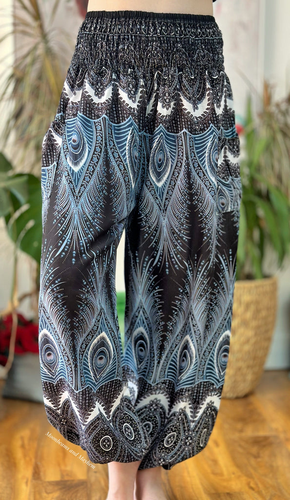 BLACK PEACOCK FEATHER HAREM TROUSERS S - XL (PRBP) - MoonbeamsandMayhem