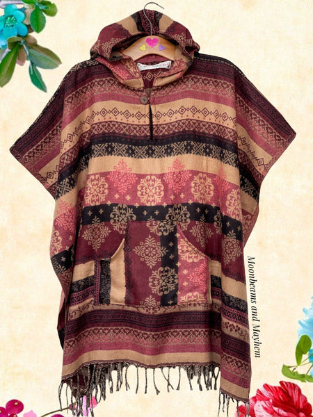 INDIAN RED FRINGED PONCHO - FREE SIZE - MoonbeamsandMayhem