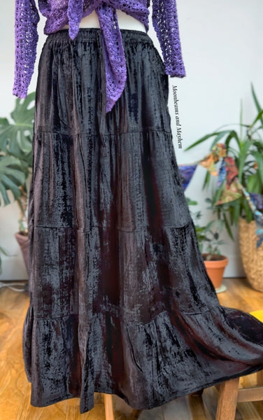 MIDNIGHT BLACK STARGAZER VELVET SKIRT (WITH POCKETS)