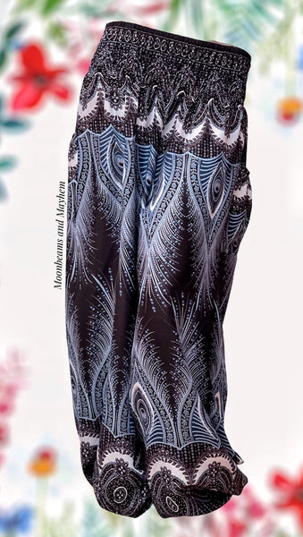 BLACK PEACOCK FEATHER HAREM TROUSERS S - XL (PRBP) - MoonbeamsandMayhem