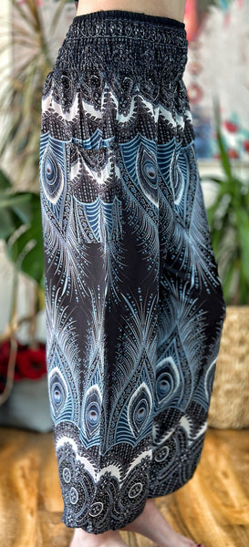 BLACK PEACOCK FEATHER HAREM TROUSERS S - XL (PRBP) - MoonbeamsandMayhem