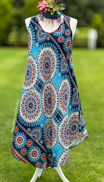 FRENCH BLUE MANDALA TUNIC / DRESS SIZE M -XL (B7)