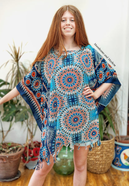DELICIOUS BLUE MIX TASSELED KAFTAN / TUNIC  REG - 4XL - MoonbeamsandMayhem
