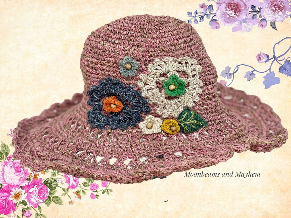 BEAUTIFUL DUSKY PINK BLOSSOM CROCHET HAT - MoonbeamsandMayhem