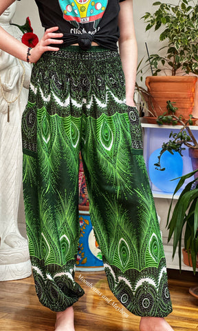 PEACOCK FEATHER GREEN HAREM TROUSERS - SIZE S / M / L (FR76)