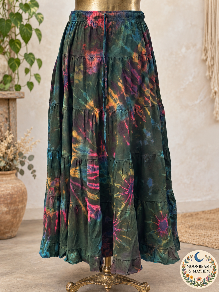 FOREST GREEN DANCING SPIRIT TIERED MAXI SKIRT | UK 12–22 - MoonbeamsandMayhem