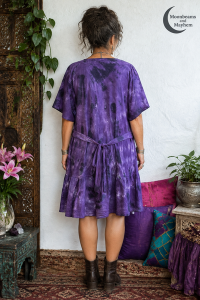 ack view of the Violet Moon tunic dress showing the waist ties and gathered hem