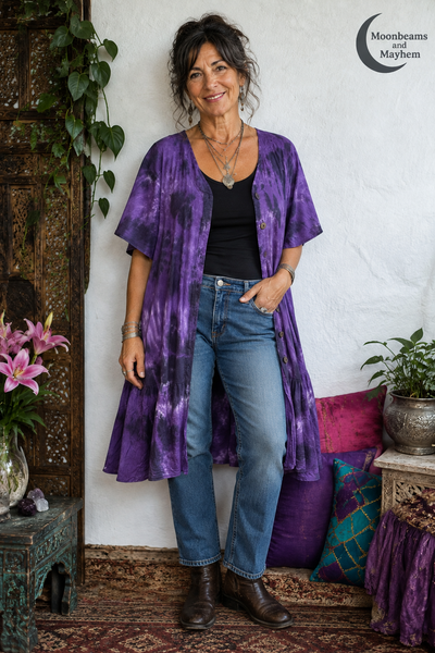 Violet Moon purple tunic dress worn open over a black vest and blue jeans
