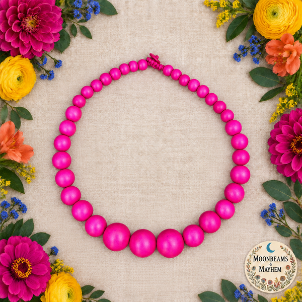 JOYFUL SOUL WOODEN BEADED NECKLACE - FUCHSIA PINK
