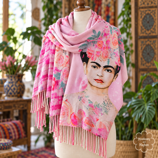 Pink Frida Kahlo wool-blend scarf arranged as a shawl on a cream mannequin