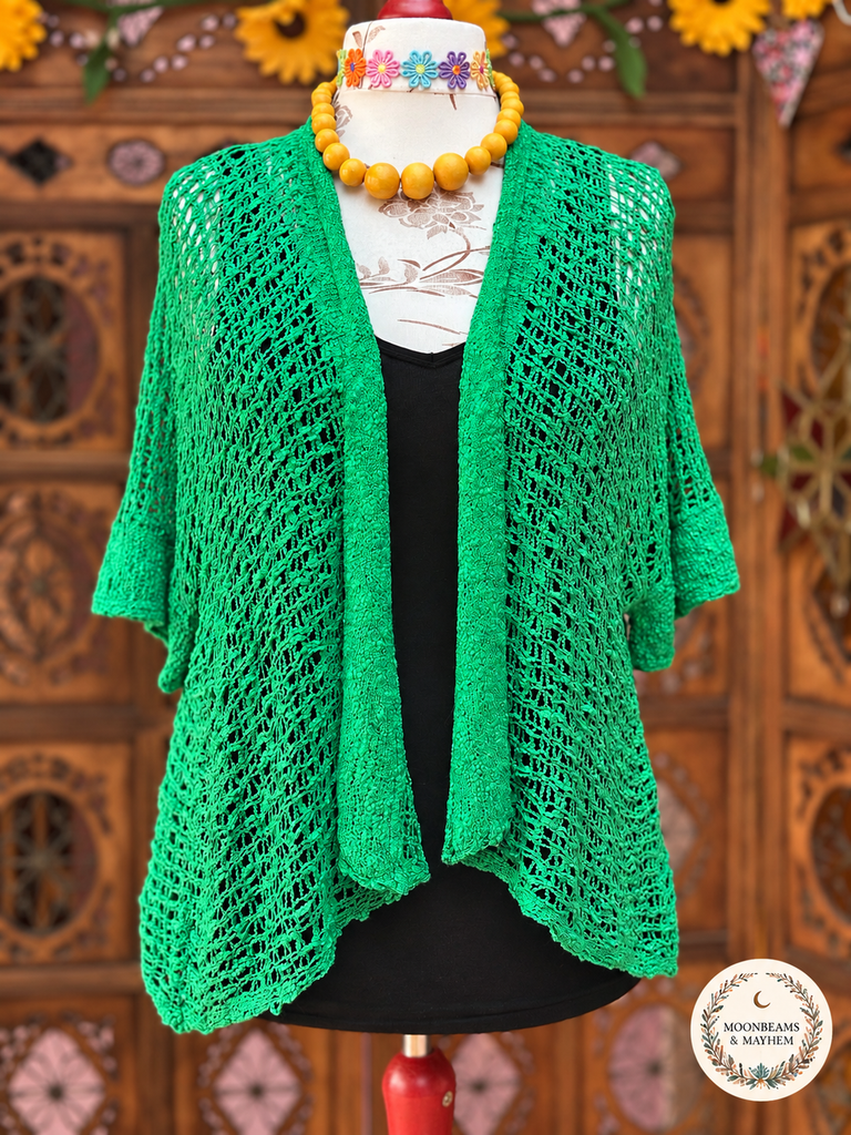 EMERALD GREEN LOOSE WEAVE KIMONO - MoonbeamsandMayhem