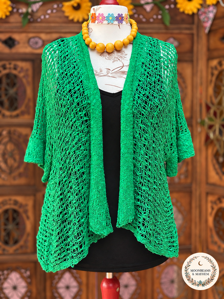 EMERALD GREEN LOOSE WEAVE KIMONO - MoonbeamsandMayhem