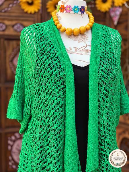 EMERALD GREEN LOOSE WEAVE KIMONO - MoonbeamsandMayhem