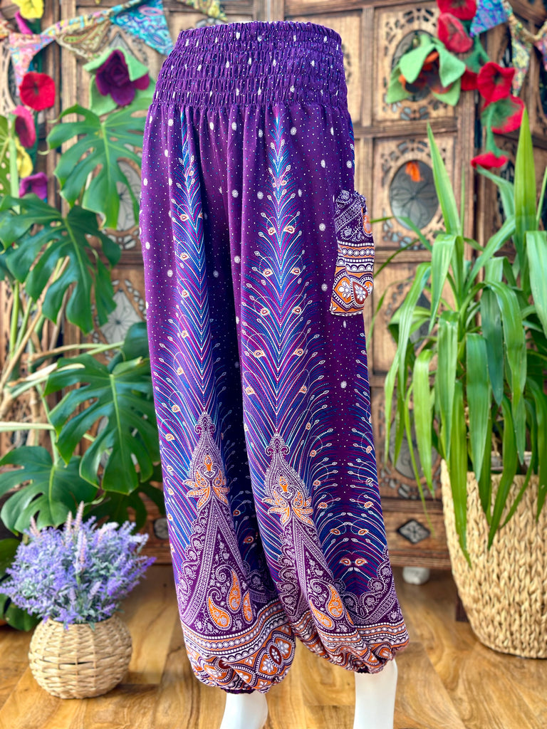 PURPLE PEACOCK FEATHER HAREM TROUSERS