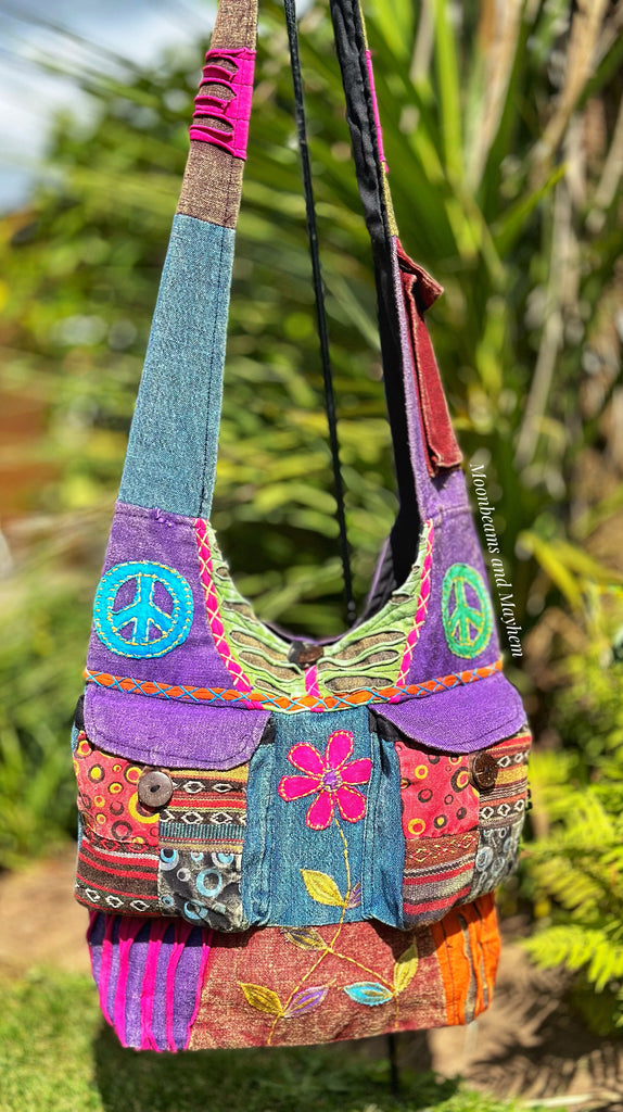 Hippie Appliques Multicolored Cotton Hobo Bag