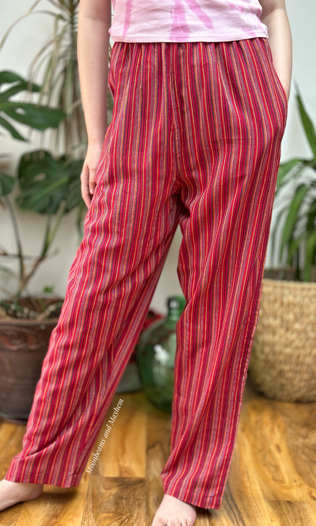 RED STRIPED COTTON TROUSERS UK 12 / 14 / 16 LONG (OF)