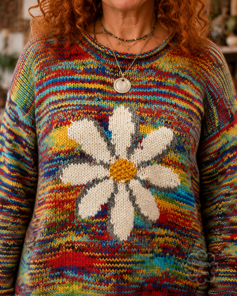 Close-up of the cream knitted daisy motif on the multicoloured Wild Daisy wool jumper