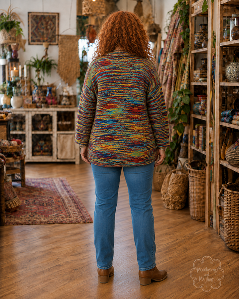 Back view of a UK size 16 model showing the plain multicoloured back of the Wild Daisy wool jumper