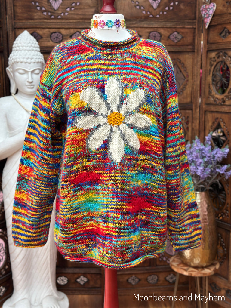 Front view of the multicoloured handmade Wild Daisy wool jumper displayed on a mannequin