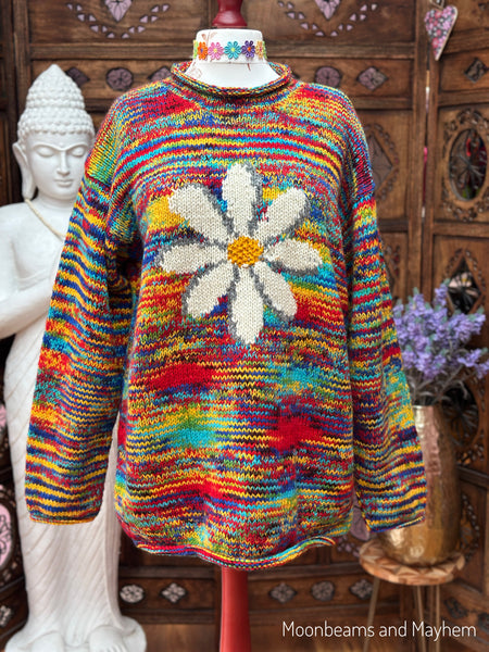 Front view of the multicoloured handmade Wild Daisy wool jumper displayed on a mannequin