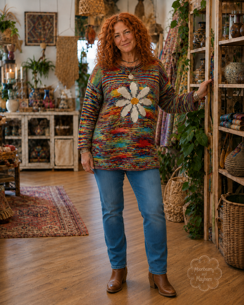 UK size 16 model wearing the Wild Daisy wool jumper with blue jeans and brown ankle boots
