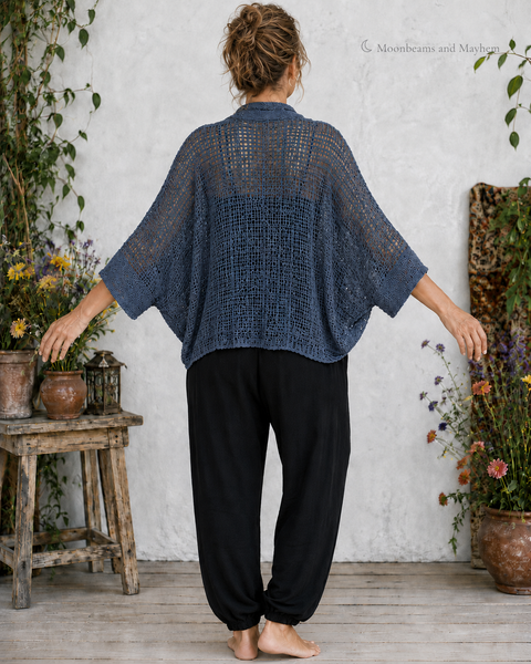 Back view of the Moonlit Tide kimono showing its wide batwing shape and rounded hem
