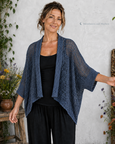 Close view of the petrol blue kimono showing the open weave and closely knitted sleeve cuff