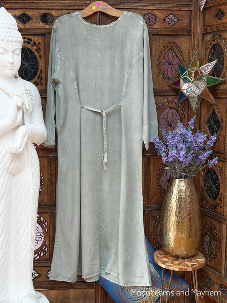 Back view of the Silver Mist maxi dress showing the waist tie