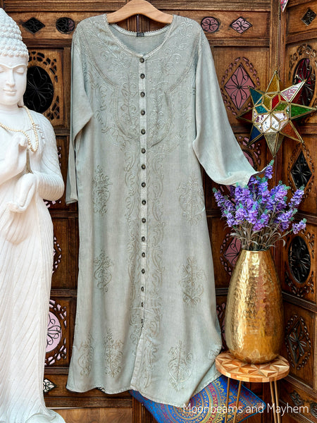 Full front view of the Silver Mist embroidered maxi dress