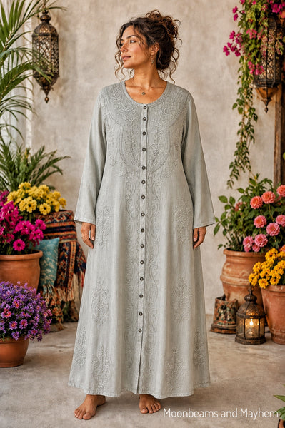 Woman wearing the Silver Mist embroidered maxi dress