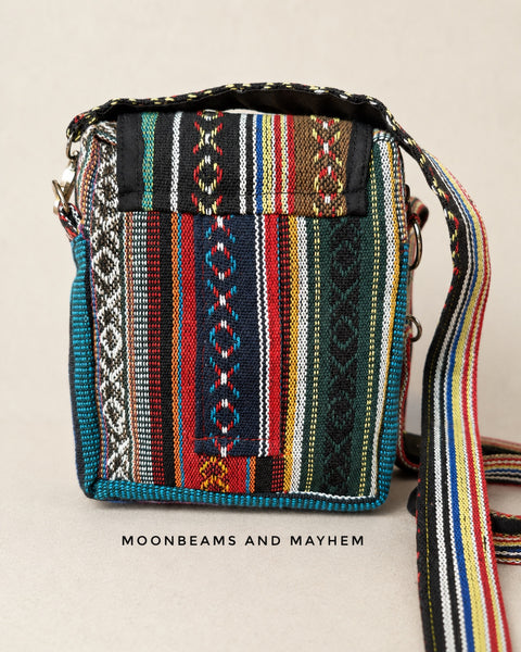 Wandering Spirit Blue Mix bag back view with belt loops and strap