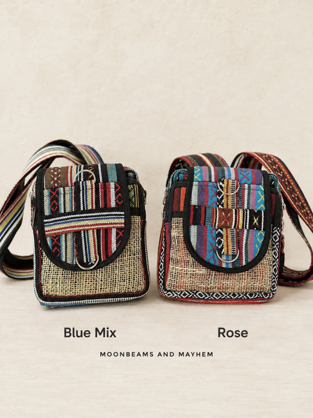 Blue Mix and Rose Mix Wandering Spirit crossbody bags side by side