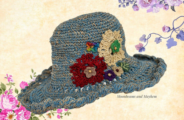 BEAUTIFUL SEA SPRAY BLUE BLOSSOM CROCHET HAT - MoonbeamsandMayhem