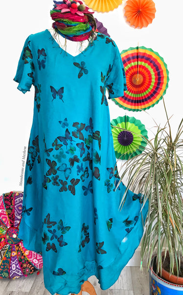 STYLISH TURQUOISE COTTON BUTTERFLY DRESS UK SIZE 12 / 14 - MoonbeamsandMayhem