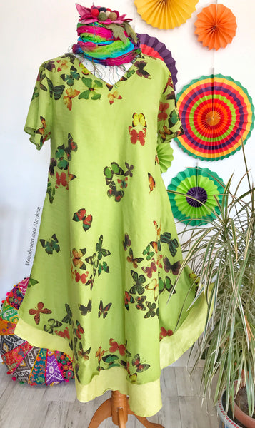 STYLISH GREEN COTTON BUTTERFLY DRESS UK SIZE 12 / 14 - MoonbeamsandMayhem